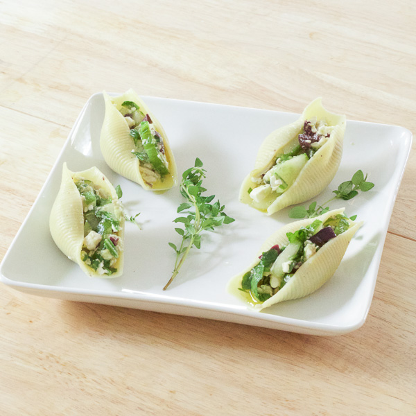 shells filled with Mediterranean salad